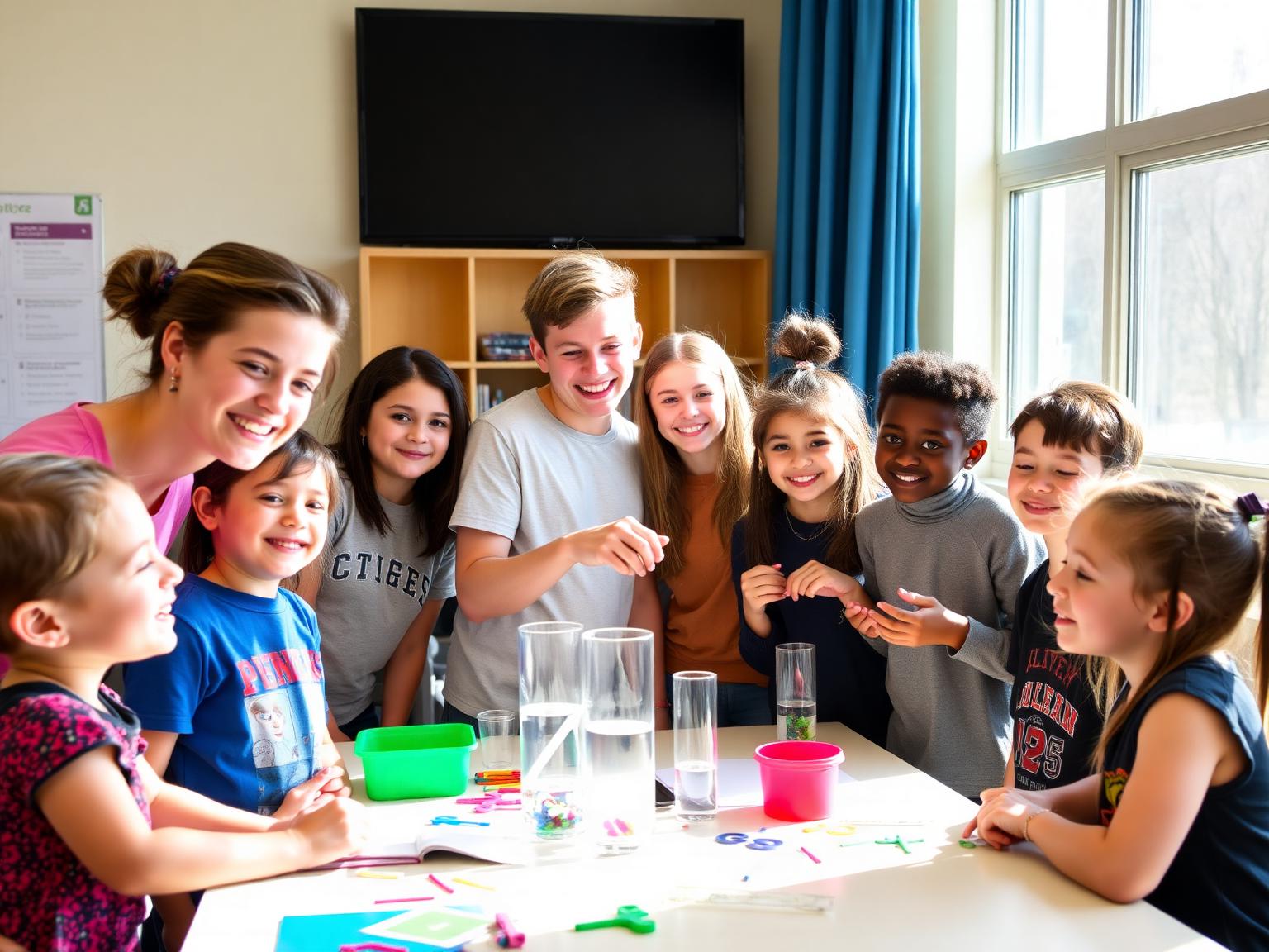 Volunteers leading a hands-on STEM activity with elementary students